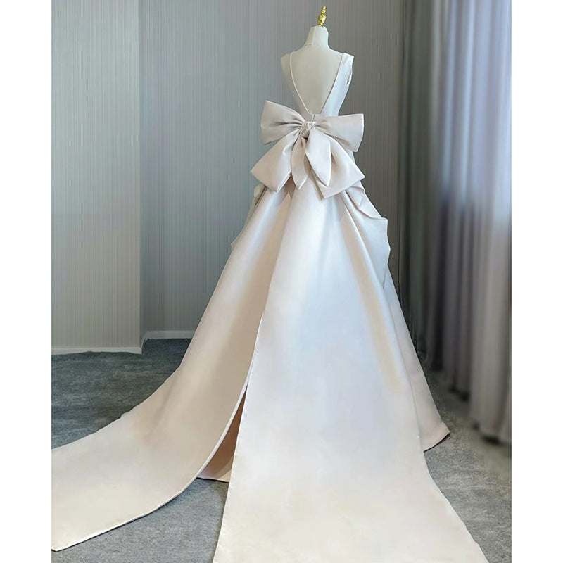 Simple Design V Neck Satin Bow Backless Trail Wedding Dresses