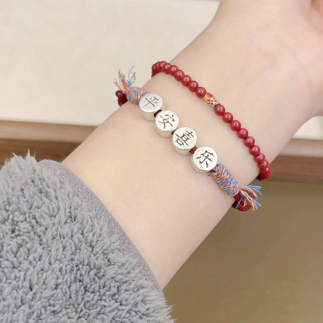Bridesmaid Gifts 999 Silver Double-sided Peace and Joy Women's Woven Red Rope Bracelets