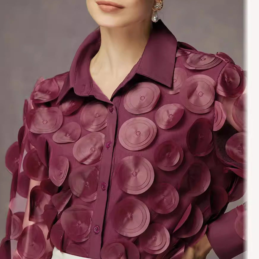 Women's Fall Long Sleeve Round Neck Mesh Sleeve Blouse