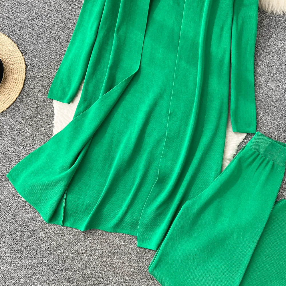 Fashion Fall Knitted 3pcs Cardigan High Neck Sweater Wide Legs Pants