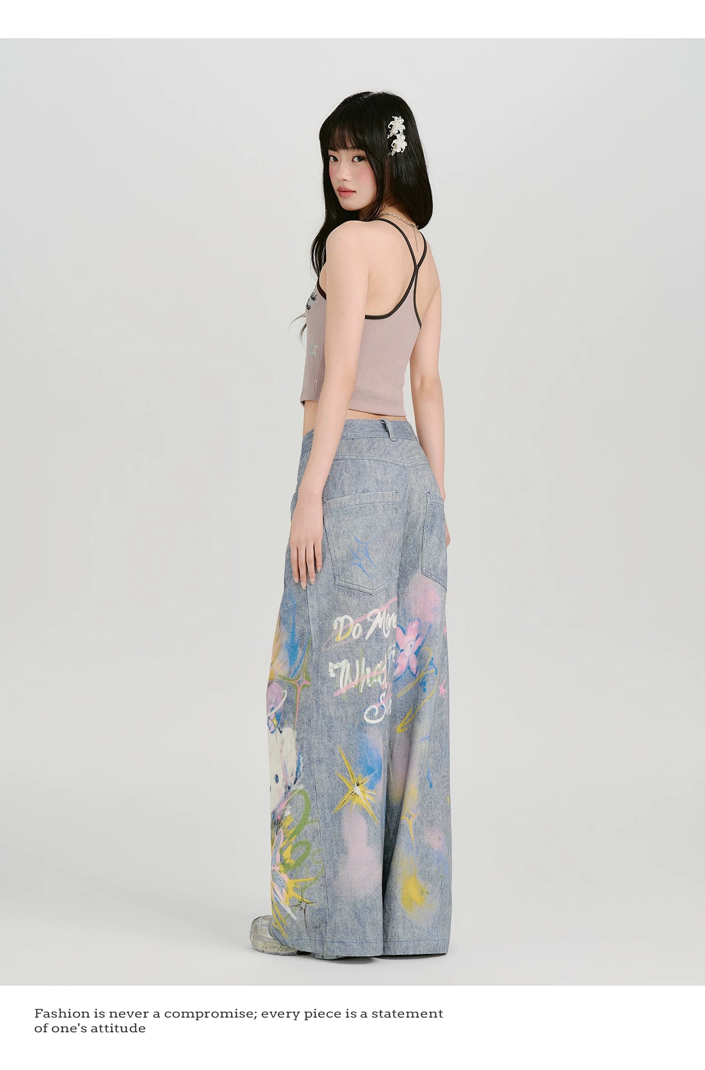 GirlyHao Vintage Tie-Dye Cartoon Print Wide Leg Jeans
