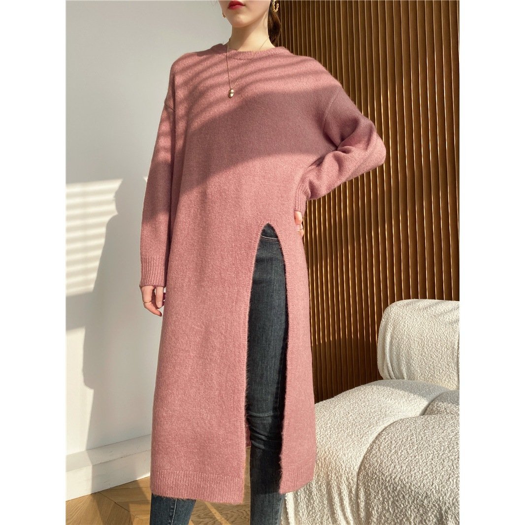 Warm Knitting Split Design Pullover Long Dresses-Dresses-Pink-One Size-Free Shipping at meselling99