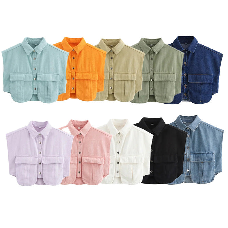 Women's Solid Color Oversized Pocket Sleeveless Polo Collar Denim Shirt Top