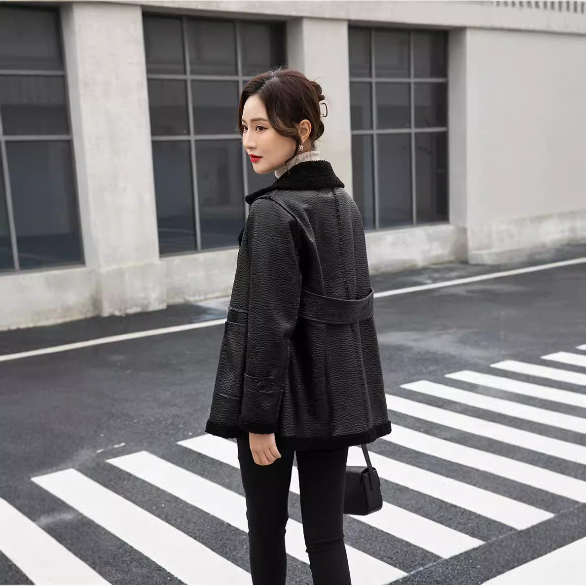 Women's Winter Faux Fur-Trimmed  Plus Sizes Leather Jacket