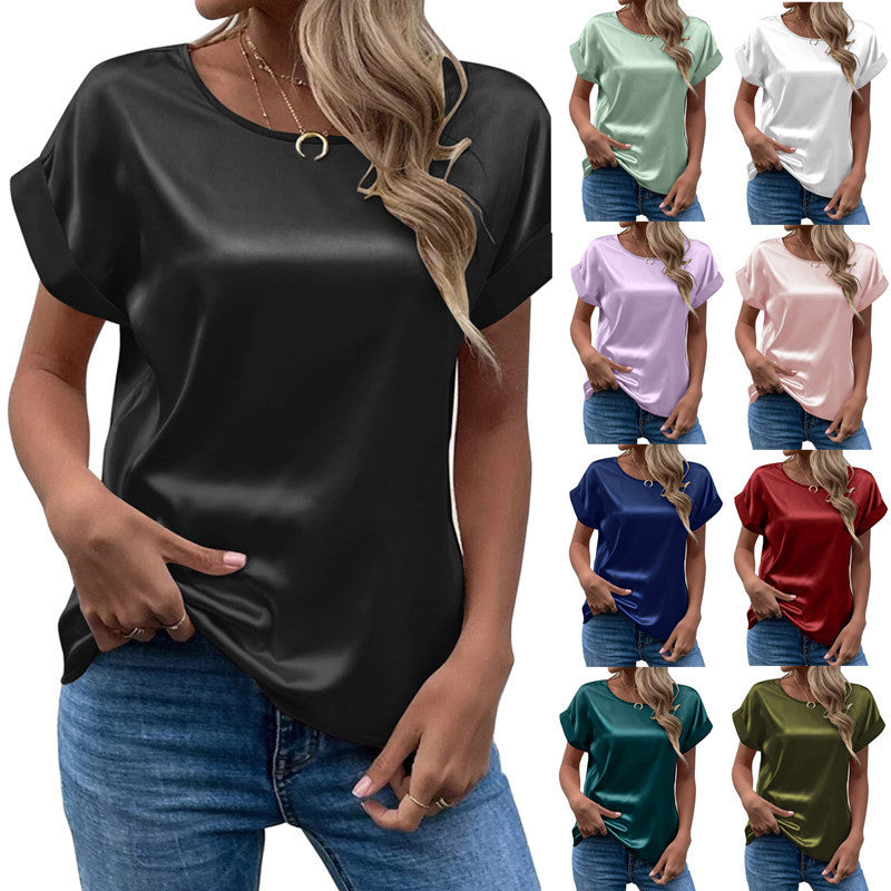 Simple Design Satin Women Short Sleeves Blouses