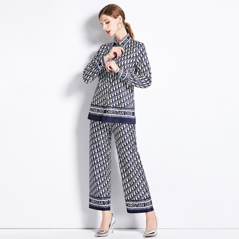 Versatile and Slimming Shirt Paired with Loose Positioned Printed Wide-Leg Pants Set