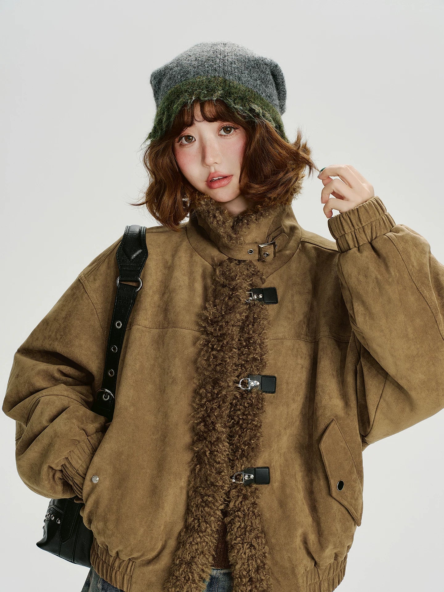 Girlyhalo Vintage Suede & Faux Shearling Patchwork Winter Coat