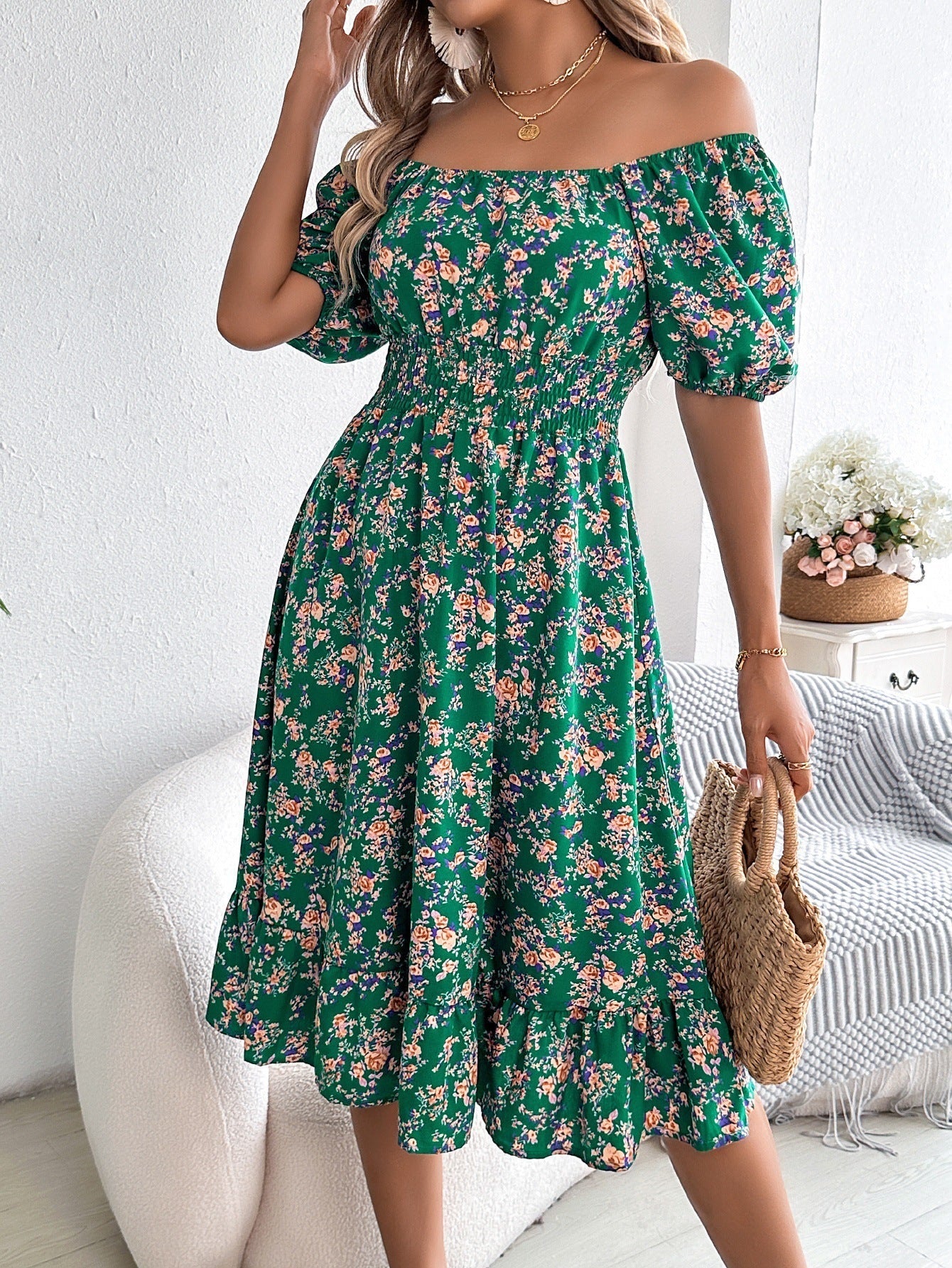 Floral Print Square Neck Short Sleeve Wrap Waist Ruffle Hem Dress