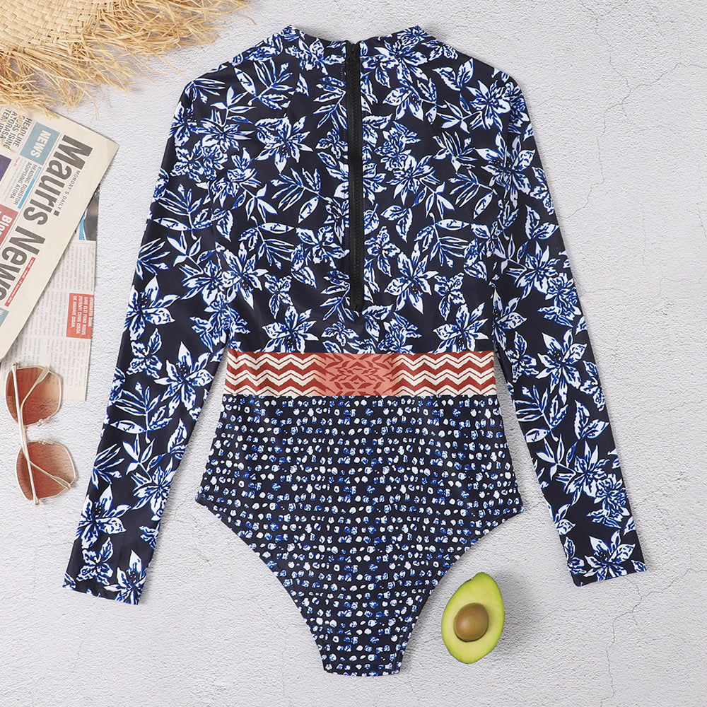 Blue Floral Print Long Sleeves Surf Wear