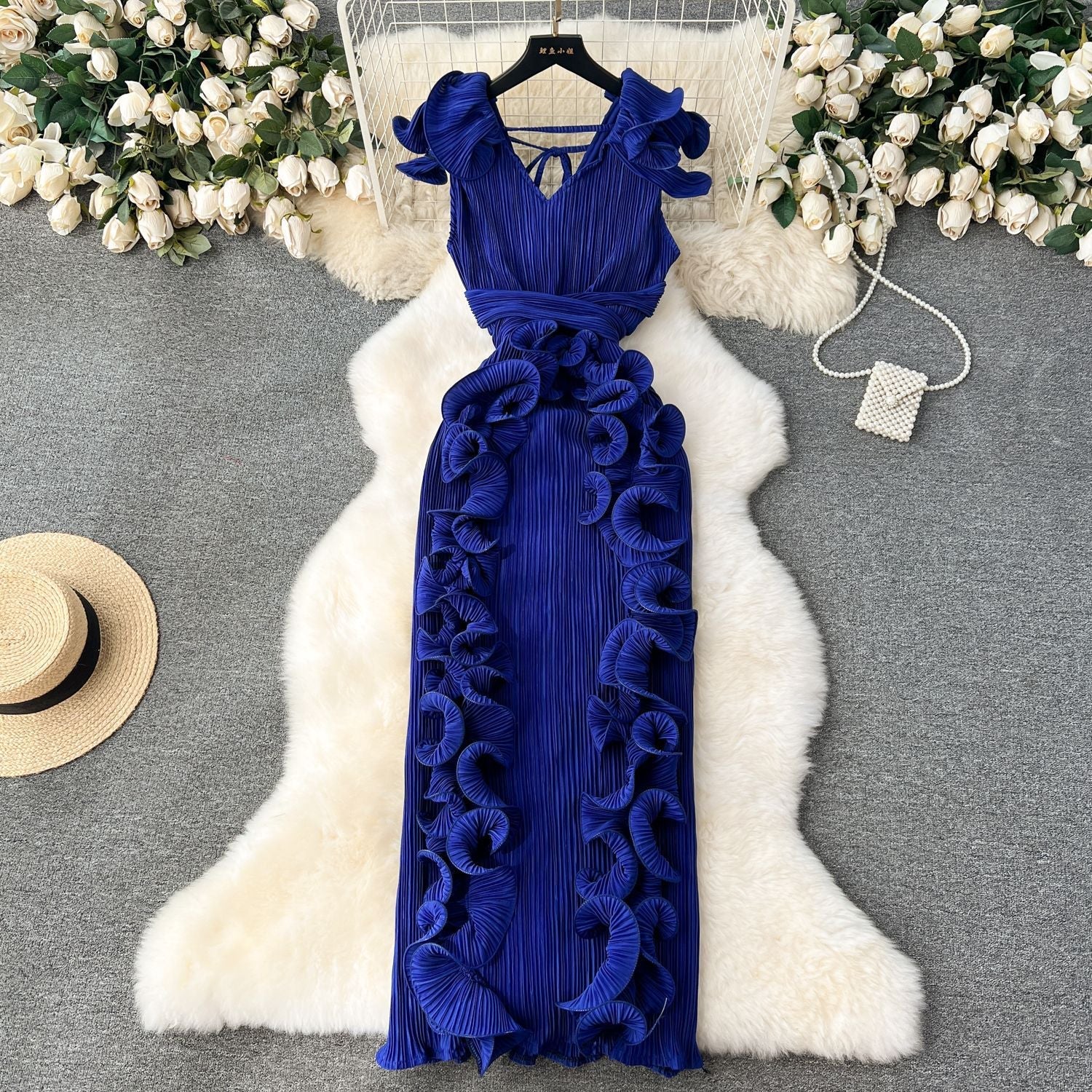 High-End Pleated Dress – Luxury Women's Designer Ruffle Hem Slim Fit Long Maxi Dress