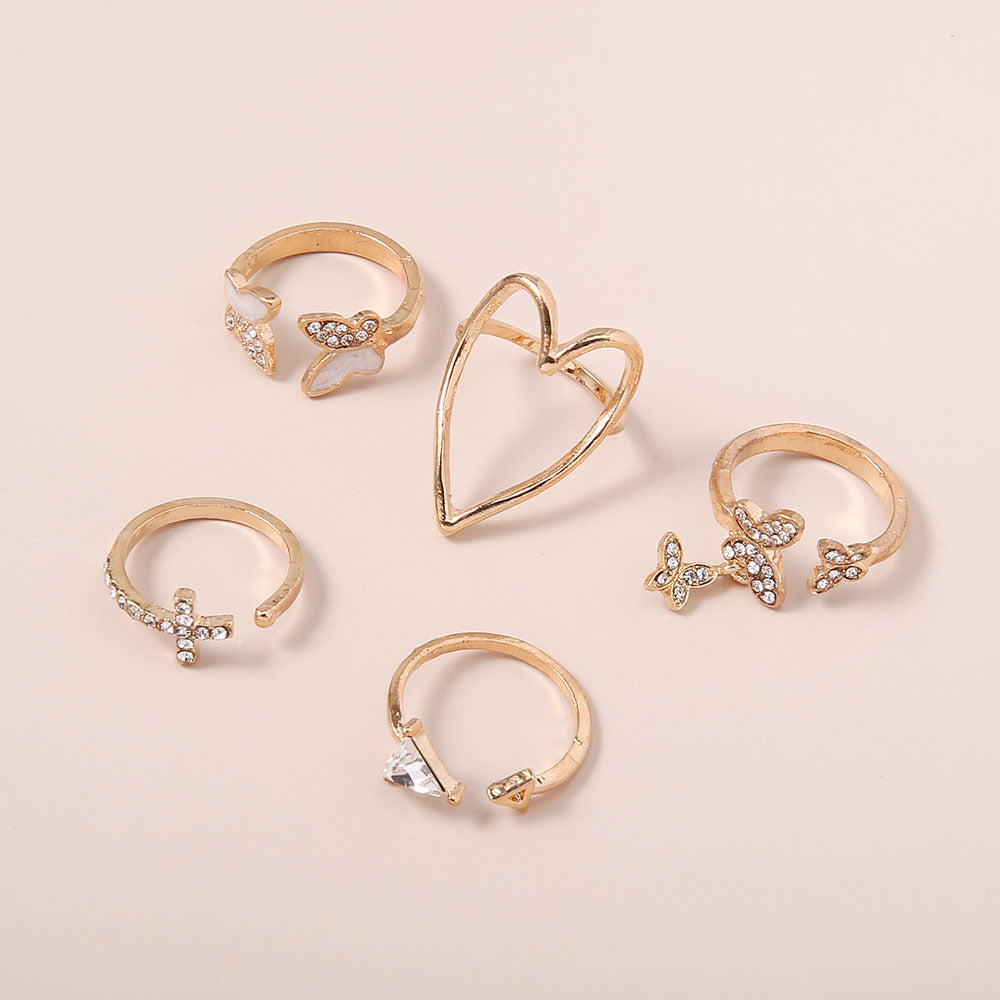 5-Piece Cross, Triangle, Heart Hollow-Out Drop Oil Butterfly Ring Set