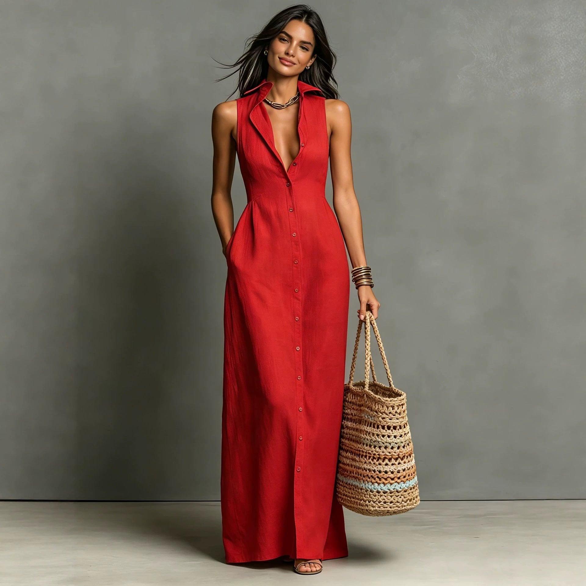 Women's Summer Sleeveless Lapel Collar Maxi Dress