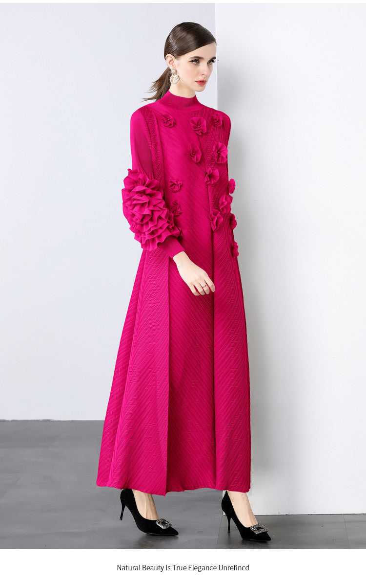 Stylish Slim-Fit Solid Color High Neck Dress with 3D Flowers