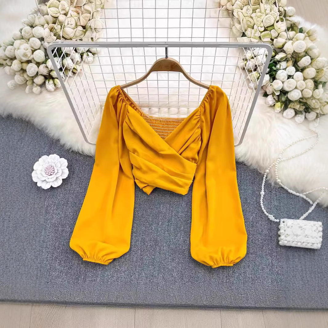 V-Neck Ruffle Bubble Sleeve Cropped Top