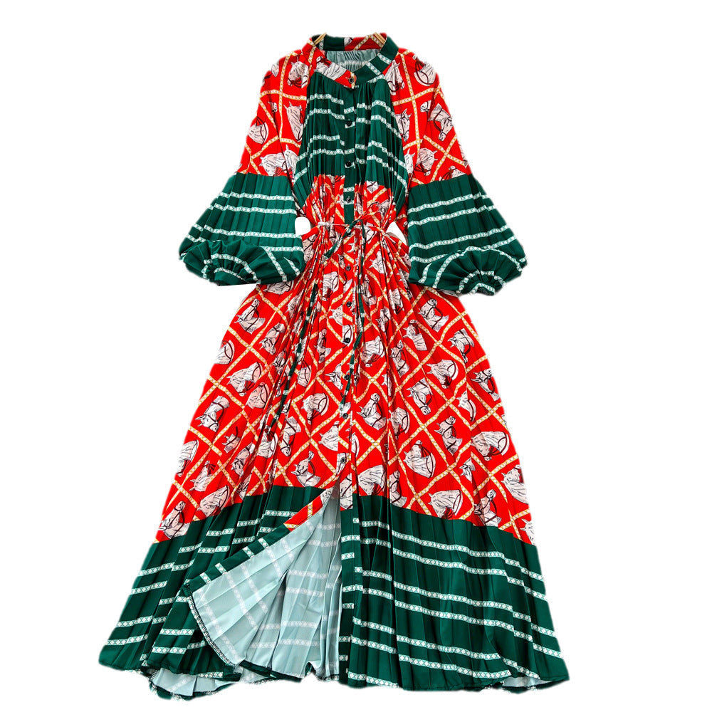 Retro Palace Style Lantern Sleeve Round Neck A-Line Floral Print Button-Down Waist Dress