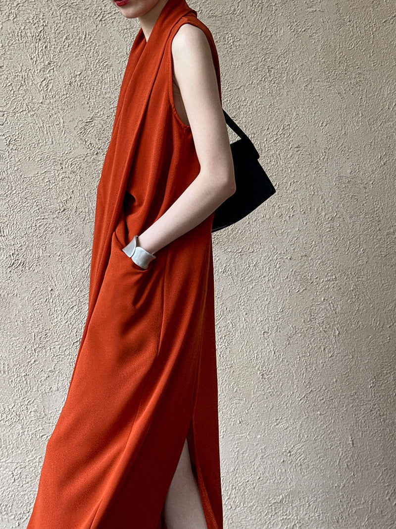 Women's V-Neck Sleeveless Twist Knot Long Dress-Pumpkin color-M-Free Shipping Leatheretro