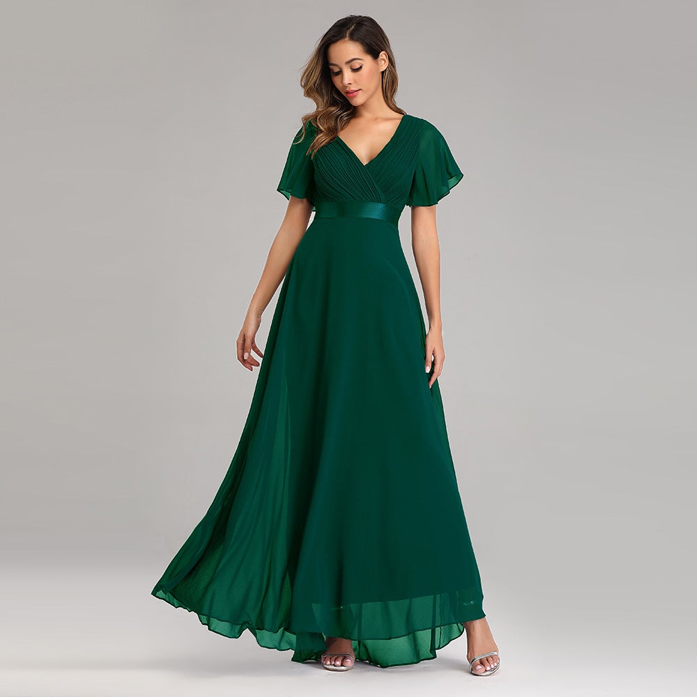 Elegant V Neck Chiffon Women Party Dresses-Dresses-Green-S-Free Shipping at meselling99