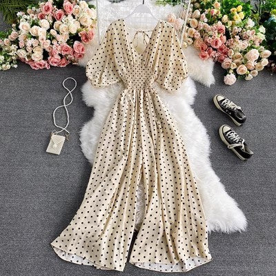 Women's Sexy V-Neck Batwing Sleeve Waist-Cinching Slimming Polka Dot Print Jumpsuit