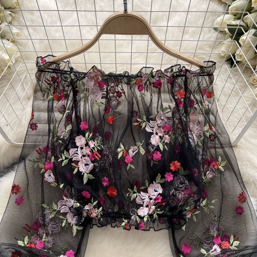 Off-Shoulder Mesh Embroidered See-Through Blouse