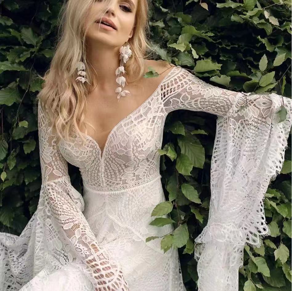 V-Neck Lace Backless Light Wedding Dress