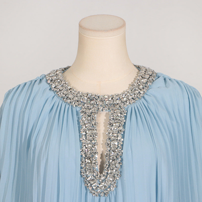 Elegant Round Neck Rhinestone Ostrich Feather Long Sleeve Ruffle Dress