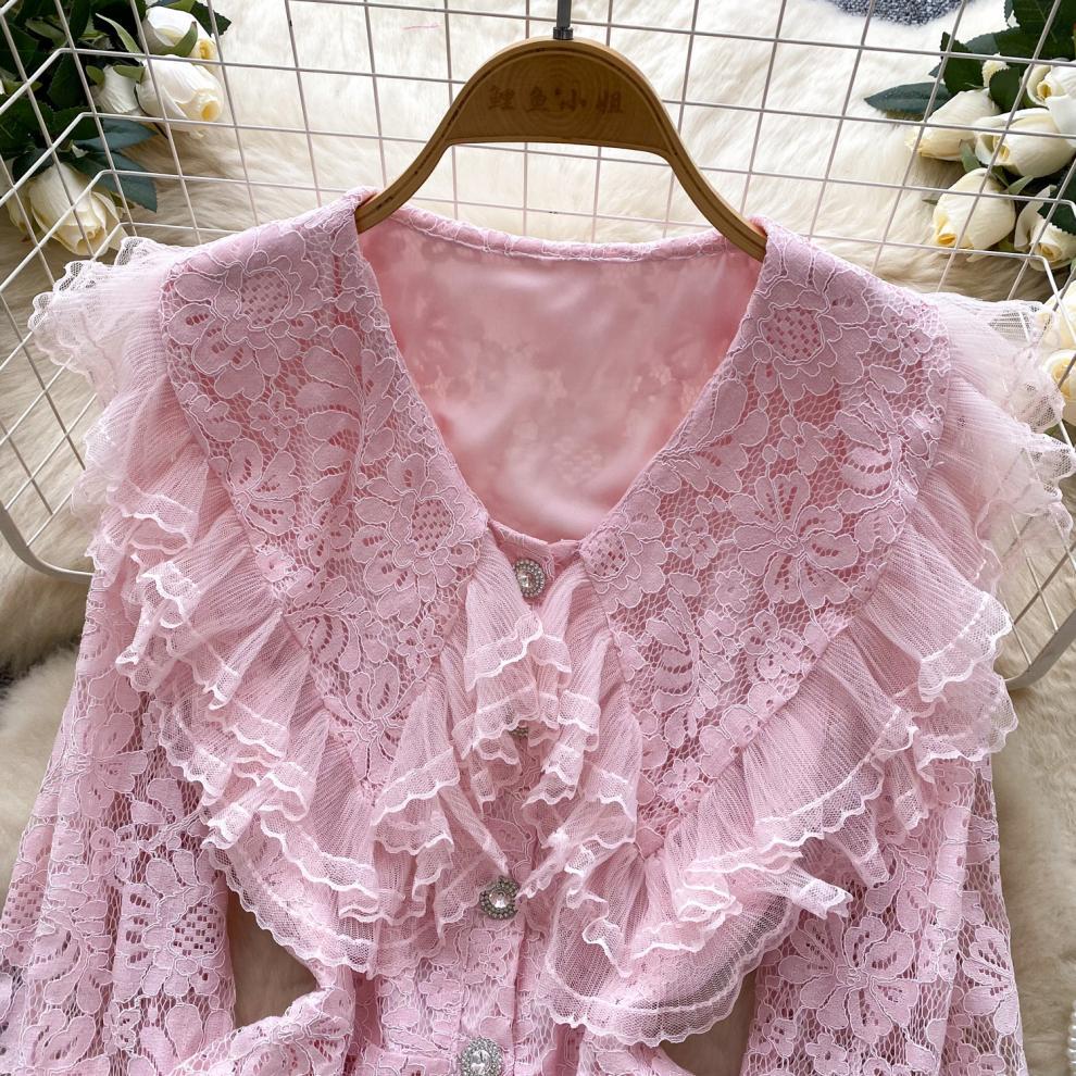 Lace Patchwork Lantern Sleeve Blouse
