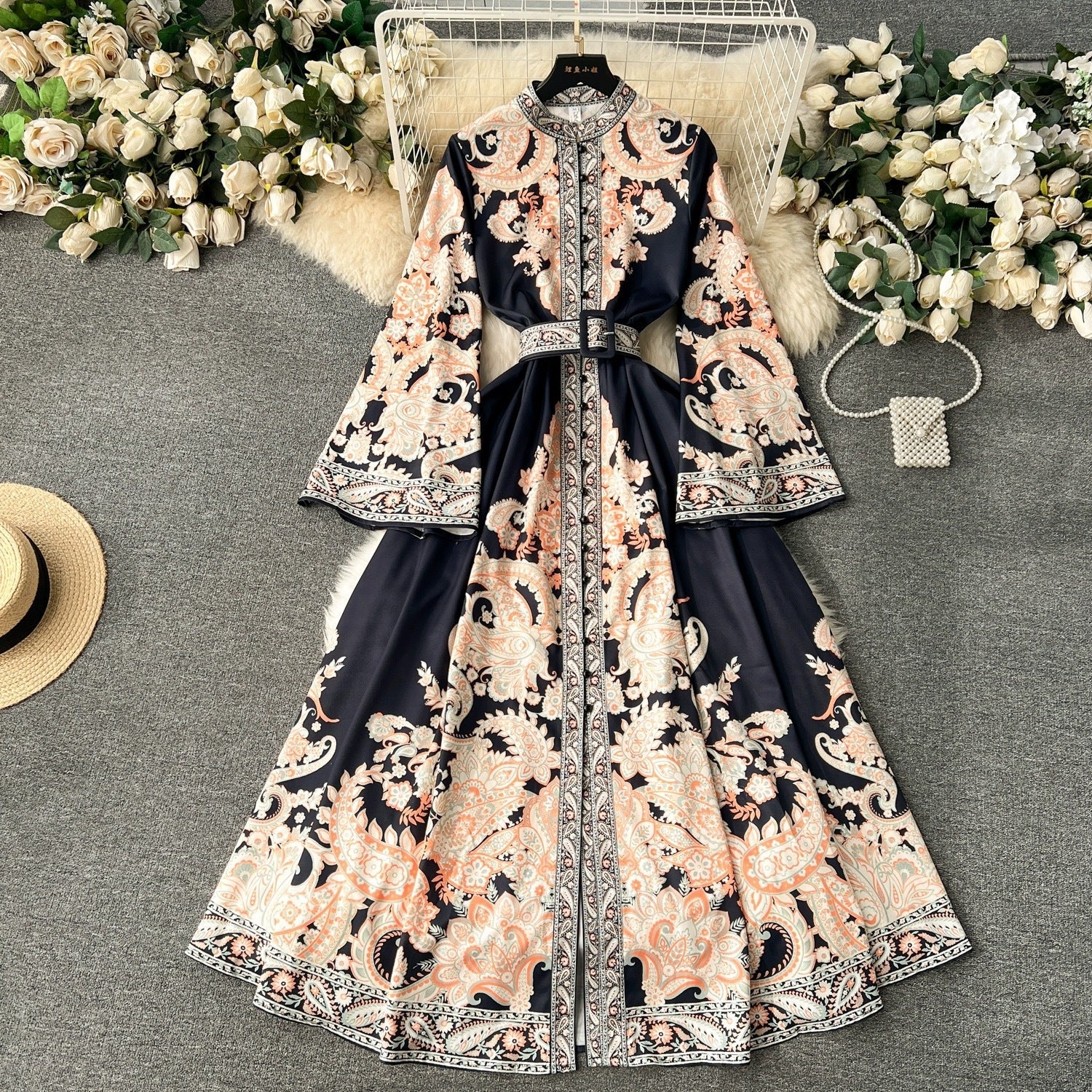 Elegant Floral Designed Trumpet Sleeves Long Dresses