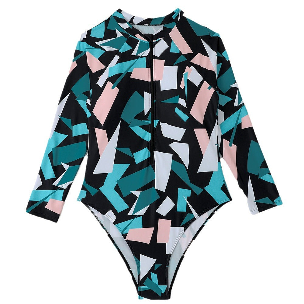 Women's Printed Long Sleeve Zip-Up One-Piece Swimsuit