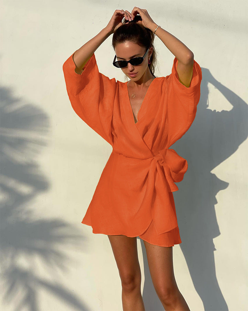 Designed Cotton Linen Irregular Mini Dresses