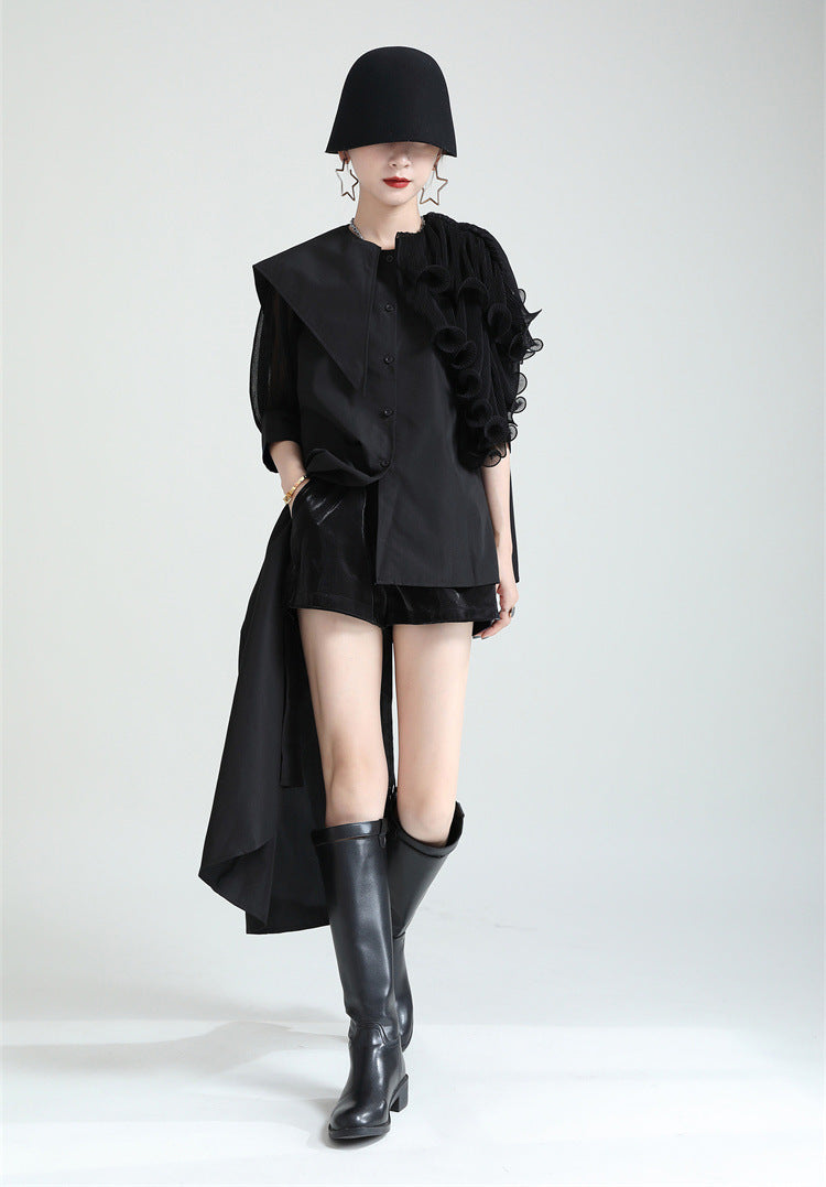 Summer Asymmetrical Bubble Sleeve Shirt Dress with Peplum Waist & Patchwork Design