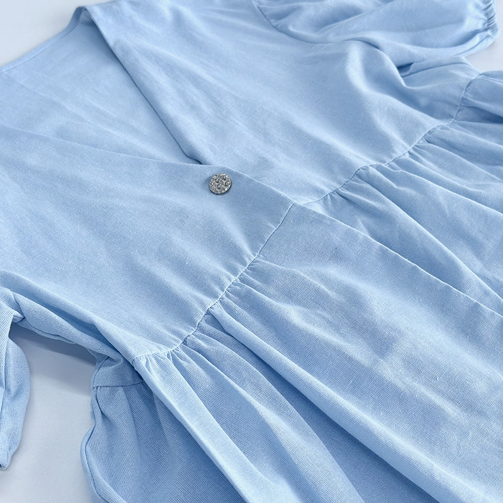 Sweet Solid Color Cotton Set - V-Neck Top & Bubble Sleeve Shorts 2-Piece Outfit