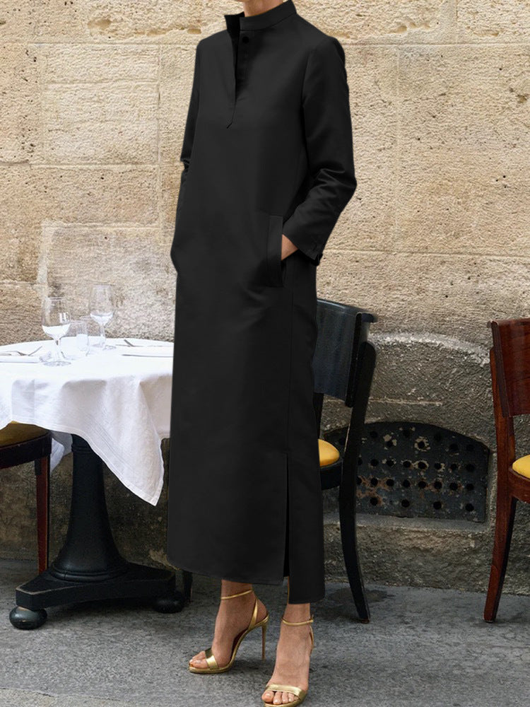 Elegant Solid Color Midi Dress with High Neck, Long Sleeves, and Side Slit