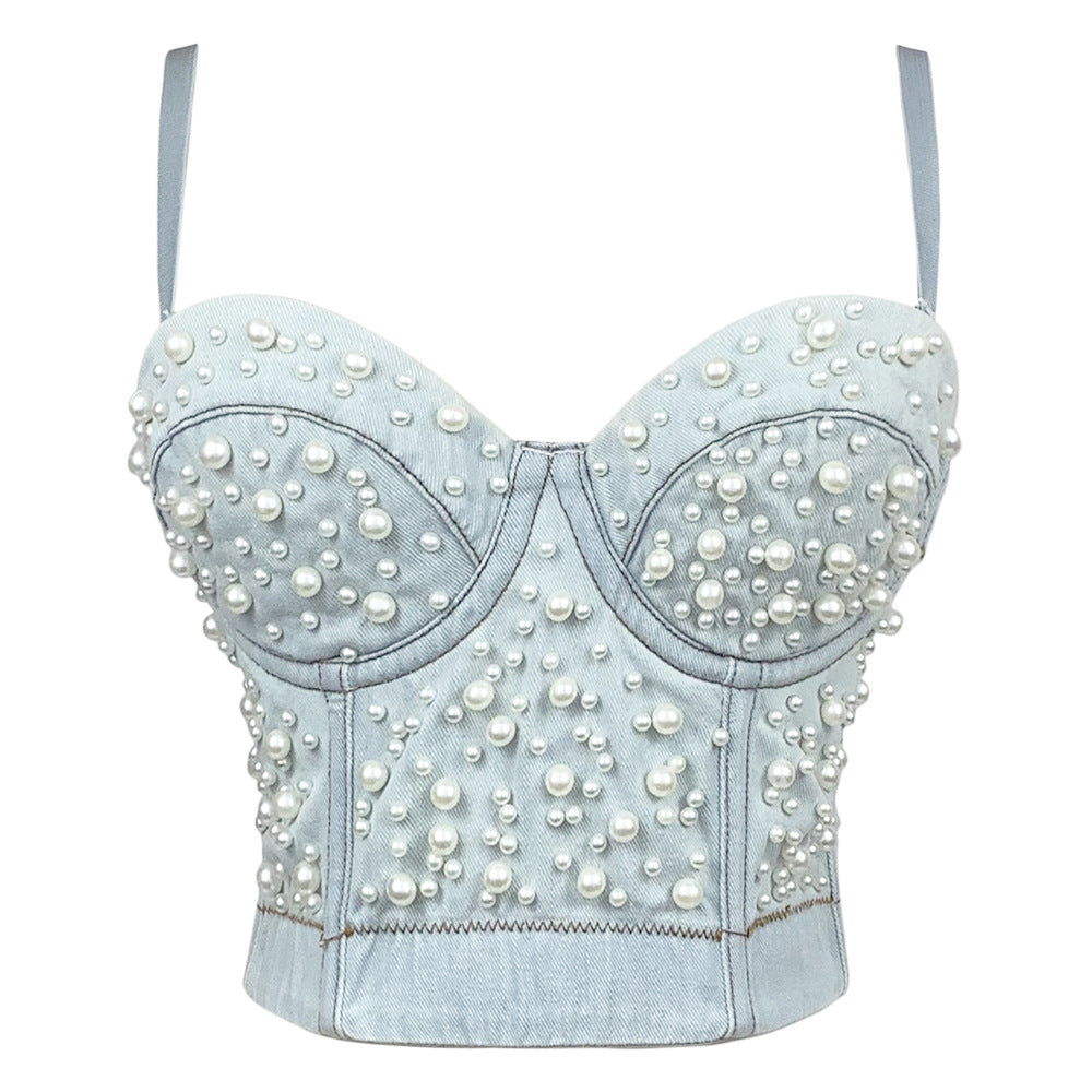 Sexy Women's Denim Bustier Top – Pearl Embellished Strappy Cropped Corset Vest