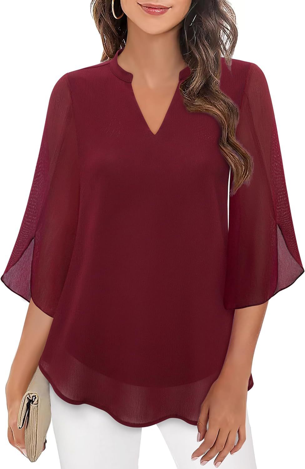Women's Flowy V-Neck Chiffon Blouse with Petal Sleeves