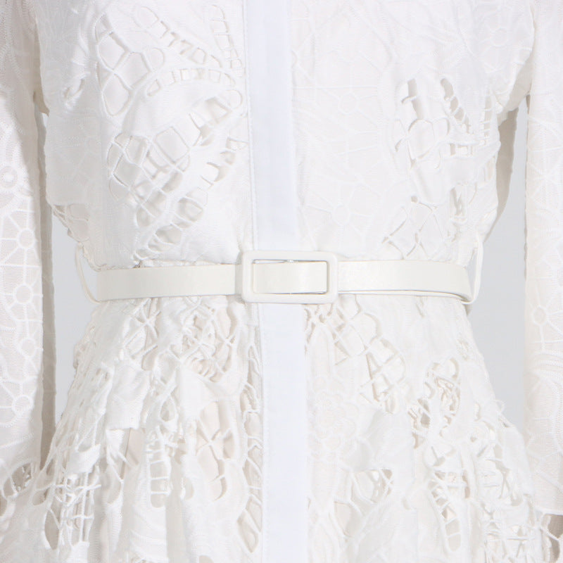 Vintage Collar Long Lantern Sleeve Mid-Length Embroidery Lace Dresses