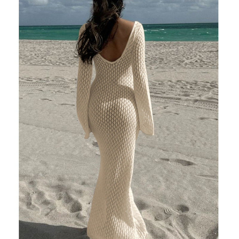 Women's V-Neck Long Sleeve Beach Cover-Up Dress