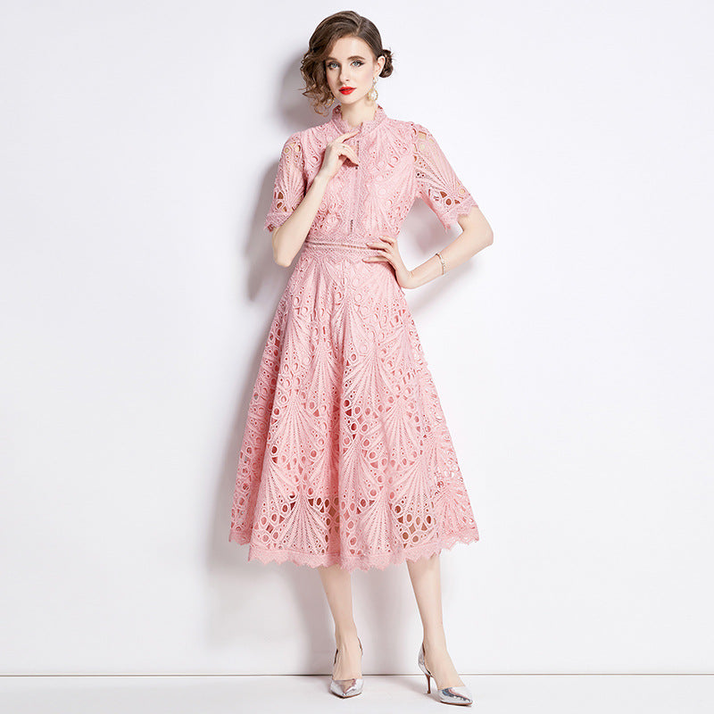 Elegant Round Neck Summer Midi Length Lace Dresses