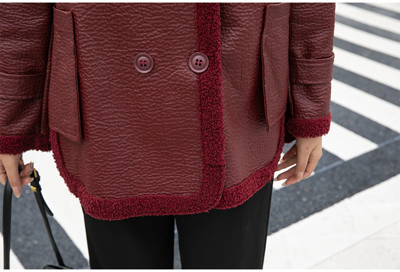 Women's Winter Faux Fur-Trimmed  Plus Sizes Leather Jacket