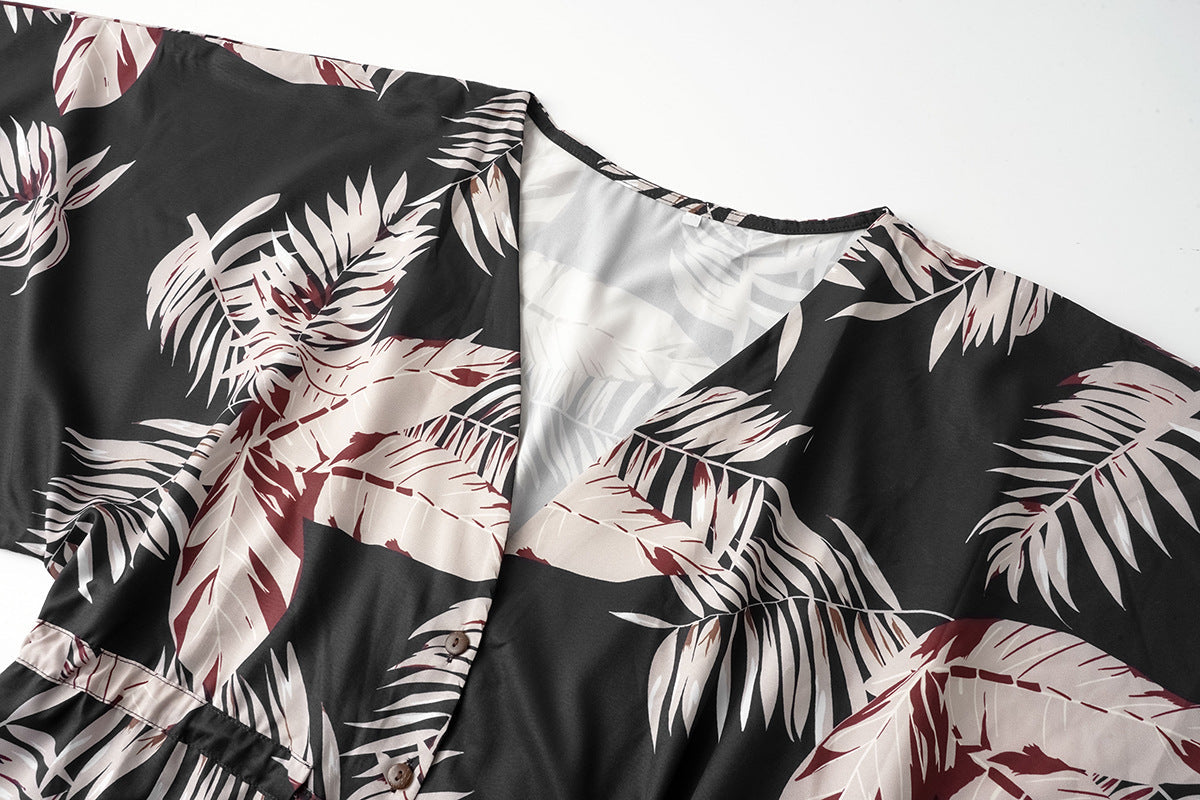 Women's Summer Leaf Print Short Sleeve Short Mini Dress