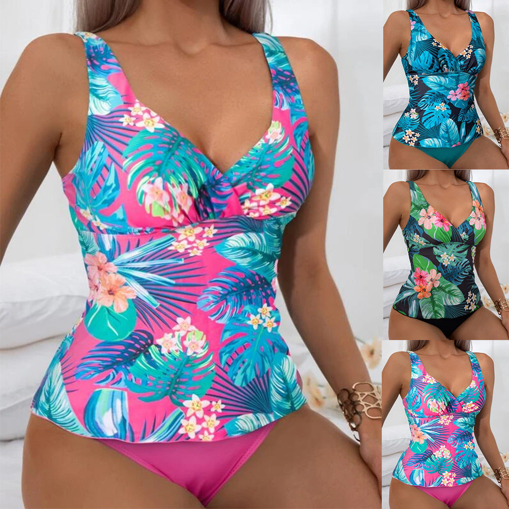 Women's Tankini Swimsuit Two-Piece with Leaf Print Straps