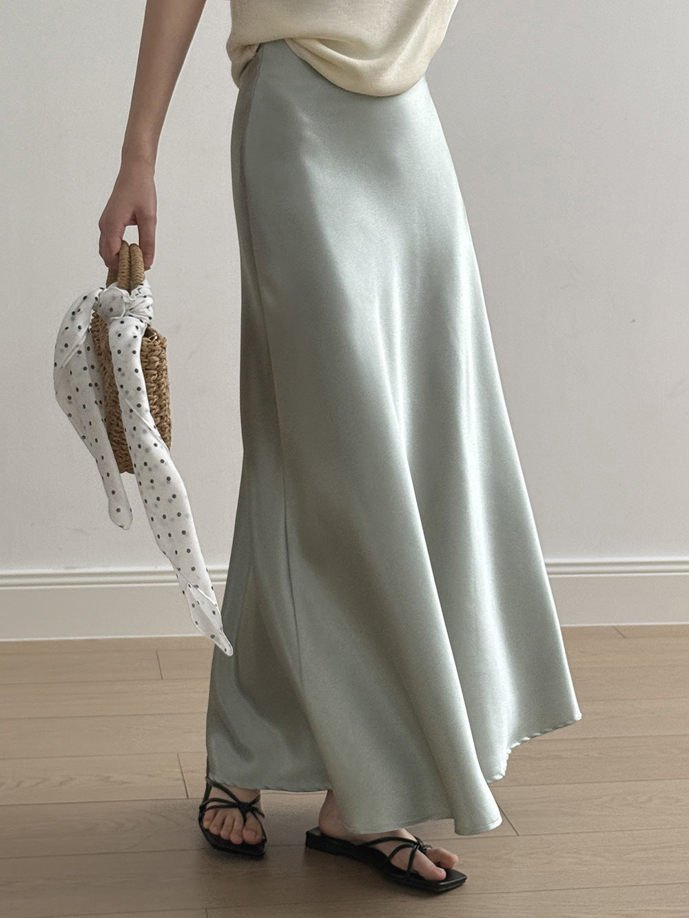 uxury Satin Midi Skirt – High Waist Bodycon Fishtail Skirt with Textured Detail-White-M-Free Shipping Leatheretro