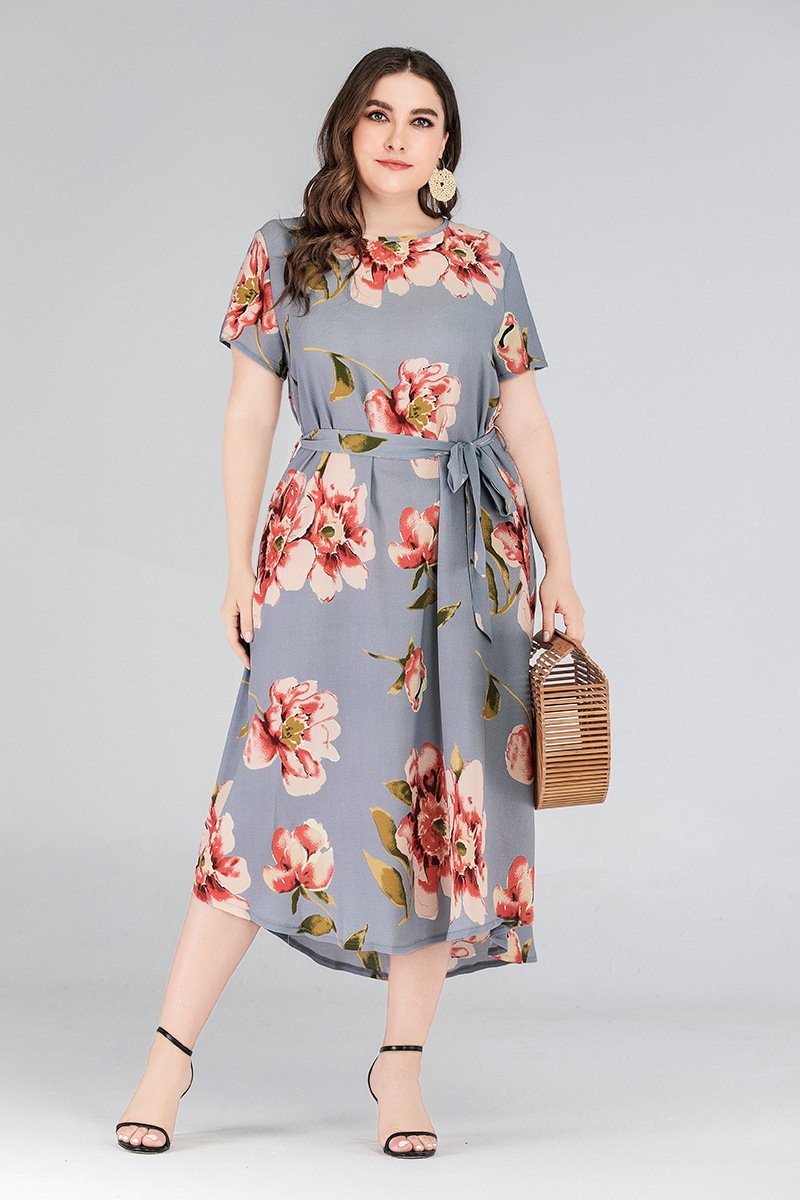 Women Plus Sizes Short Sleeves Foral Print Long Dresses-Plus Size Dresses-Free Shipping at meselling99