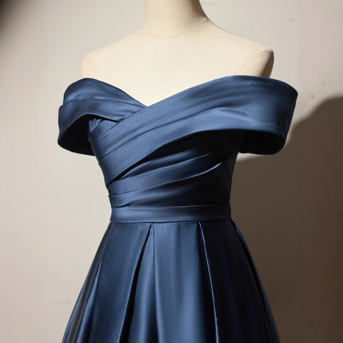 Blue Off-Shoulder Satin Evening Dress