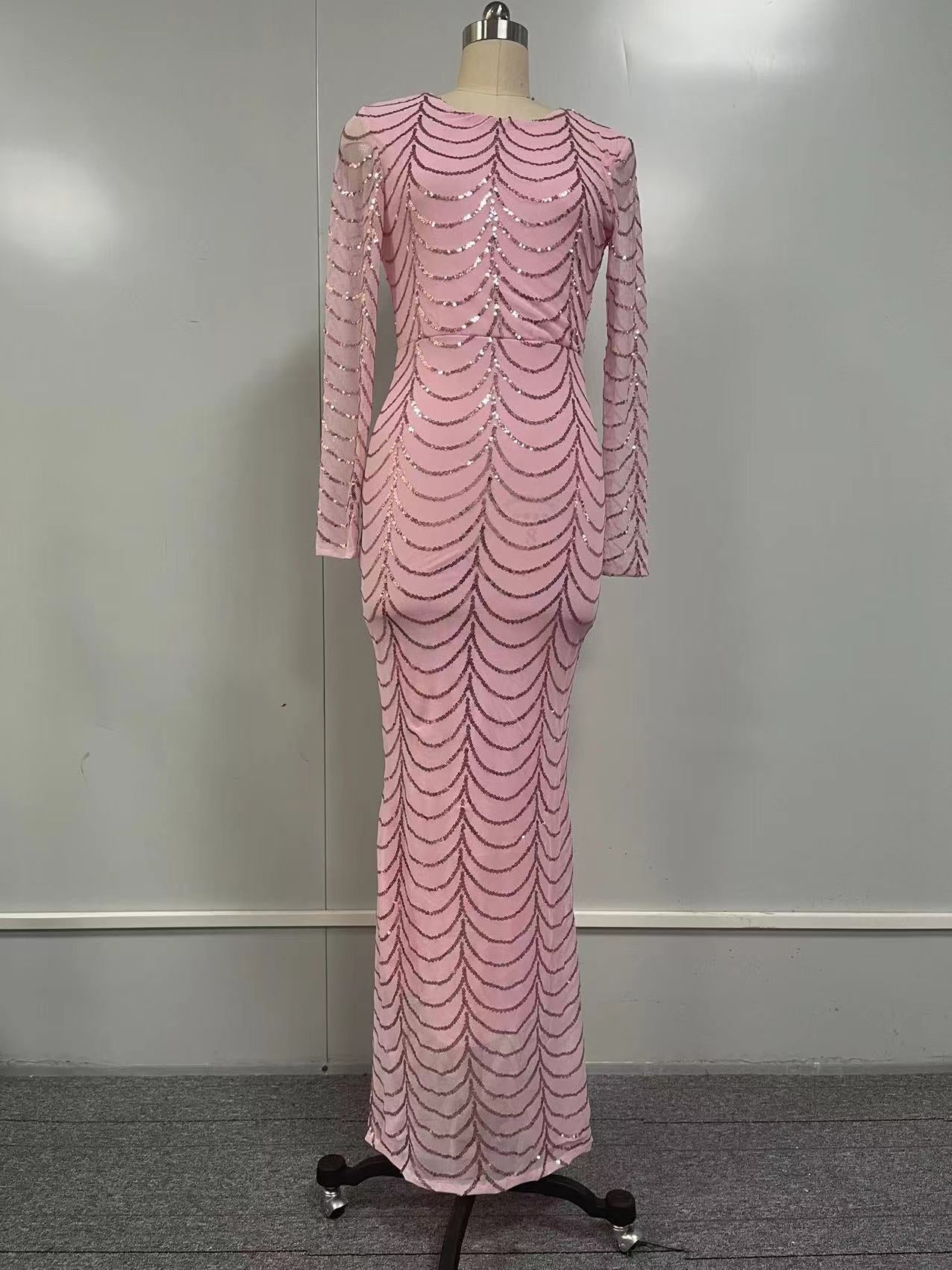 Elegant Mermaid Evening Gown – Sequined Long Sleeve Round Neck Party Dress