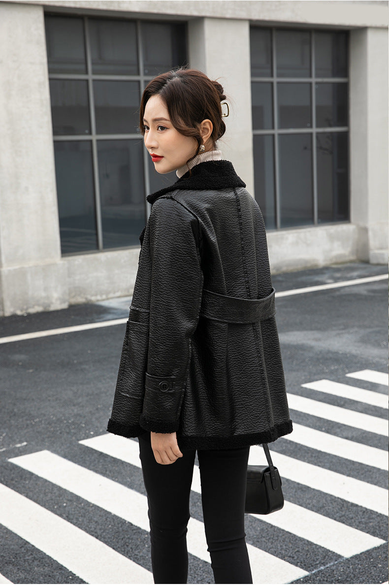 Women's Winter Faux Fur-Trimmed  Plus Sizes Leather Jacket