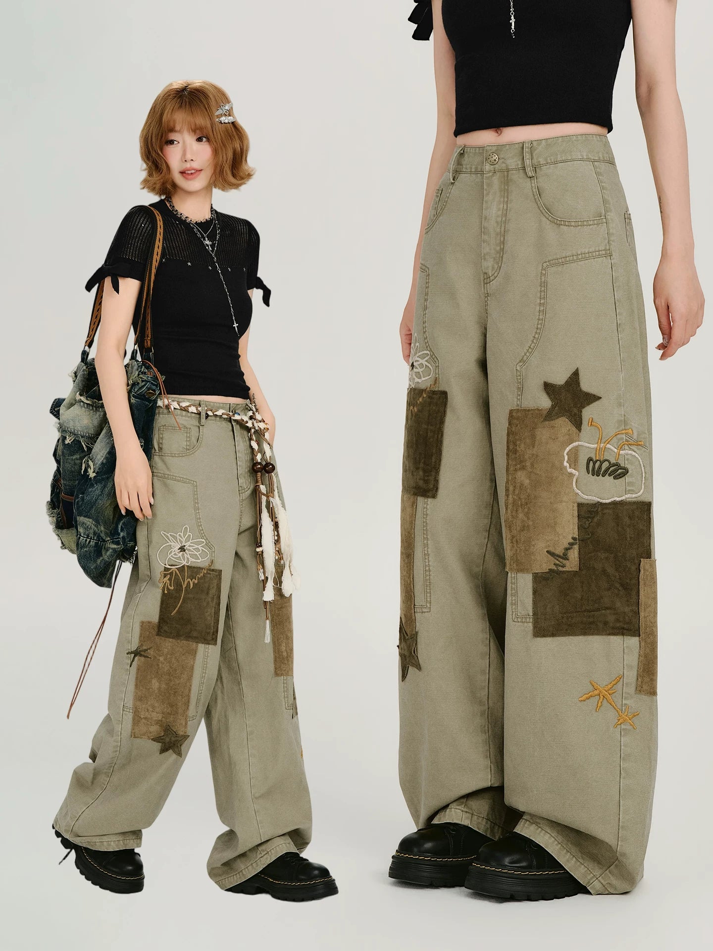 Girlyhao Vintage Applique Embroidery Wide-Leg Pants