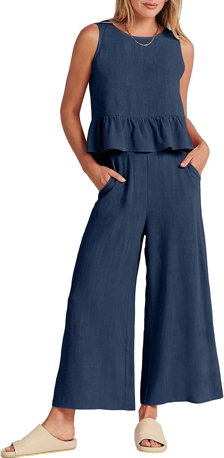 Women's Summer Sleeveless Pleated Vest & Wide-Leg Cropped Pants Casual Set