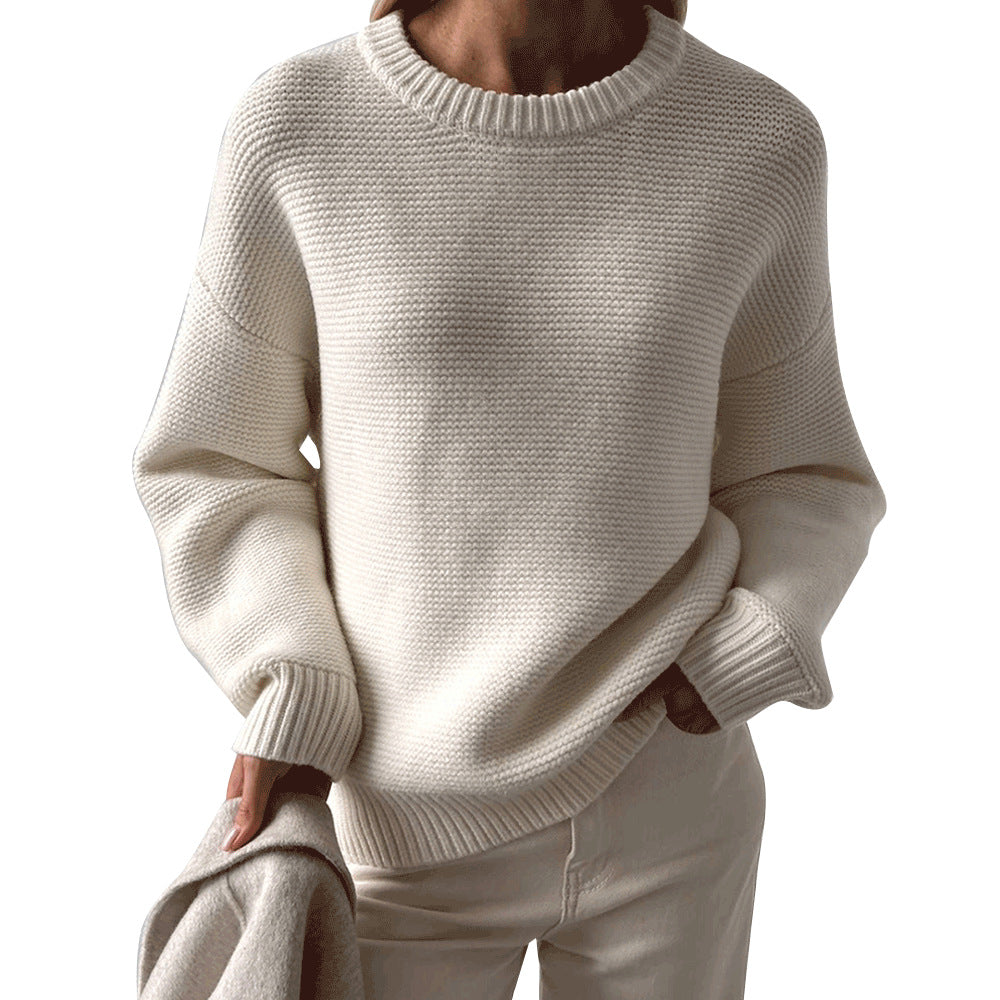Casual Round Neck Knitted White Sweaters