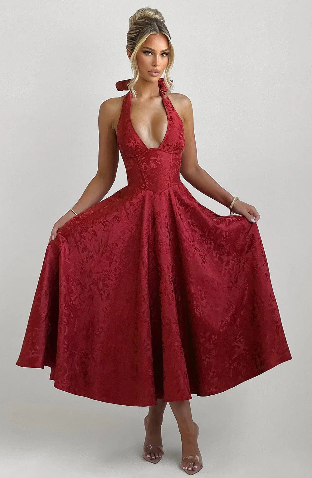 Backless Halter Jacquard Midi Dress