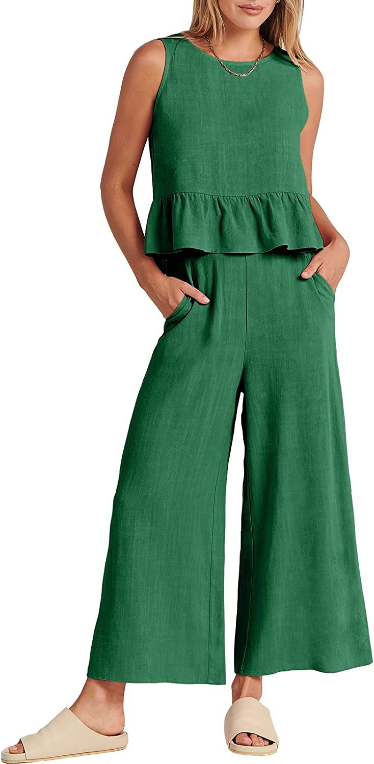 Women's Summer Sleeveless Pleated Vest & Wide-Leg Cropped Pants Casual Set
